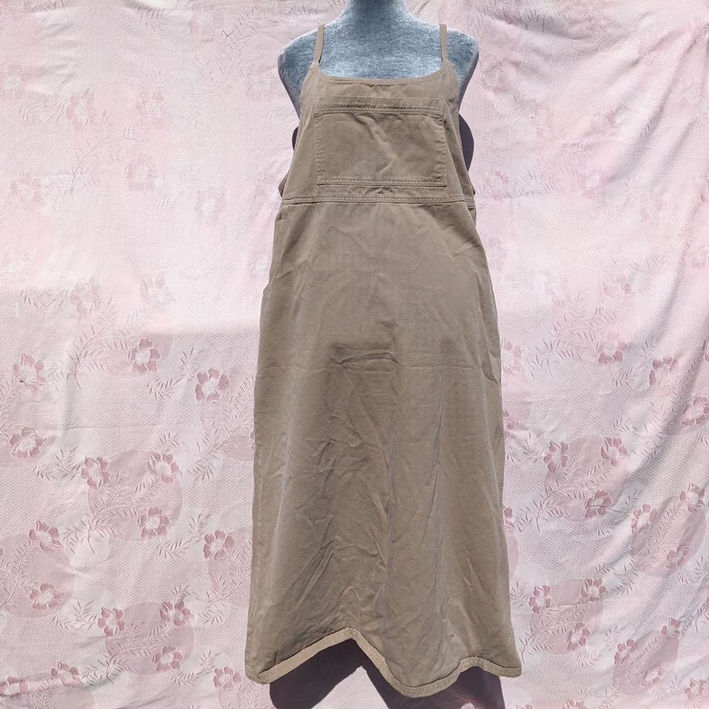 Vintage Cotton Twill Overall Bib Dress Large Tan Y-Back Jumper Granola Pinafore